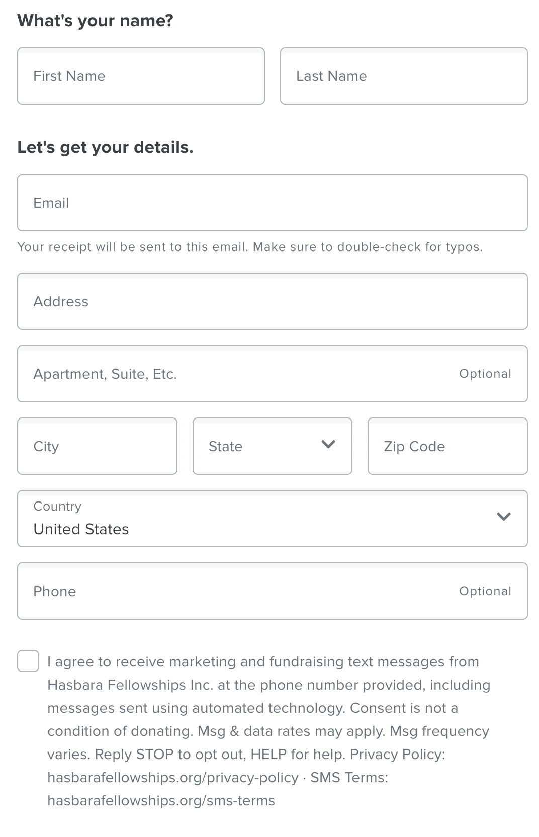 Donation form showing the optional marketing and fundraising text message checkbox